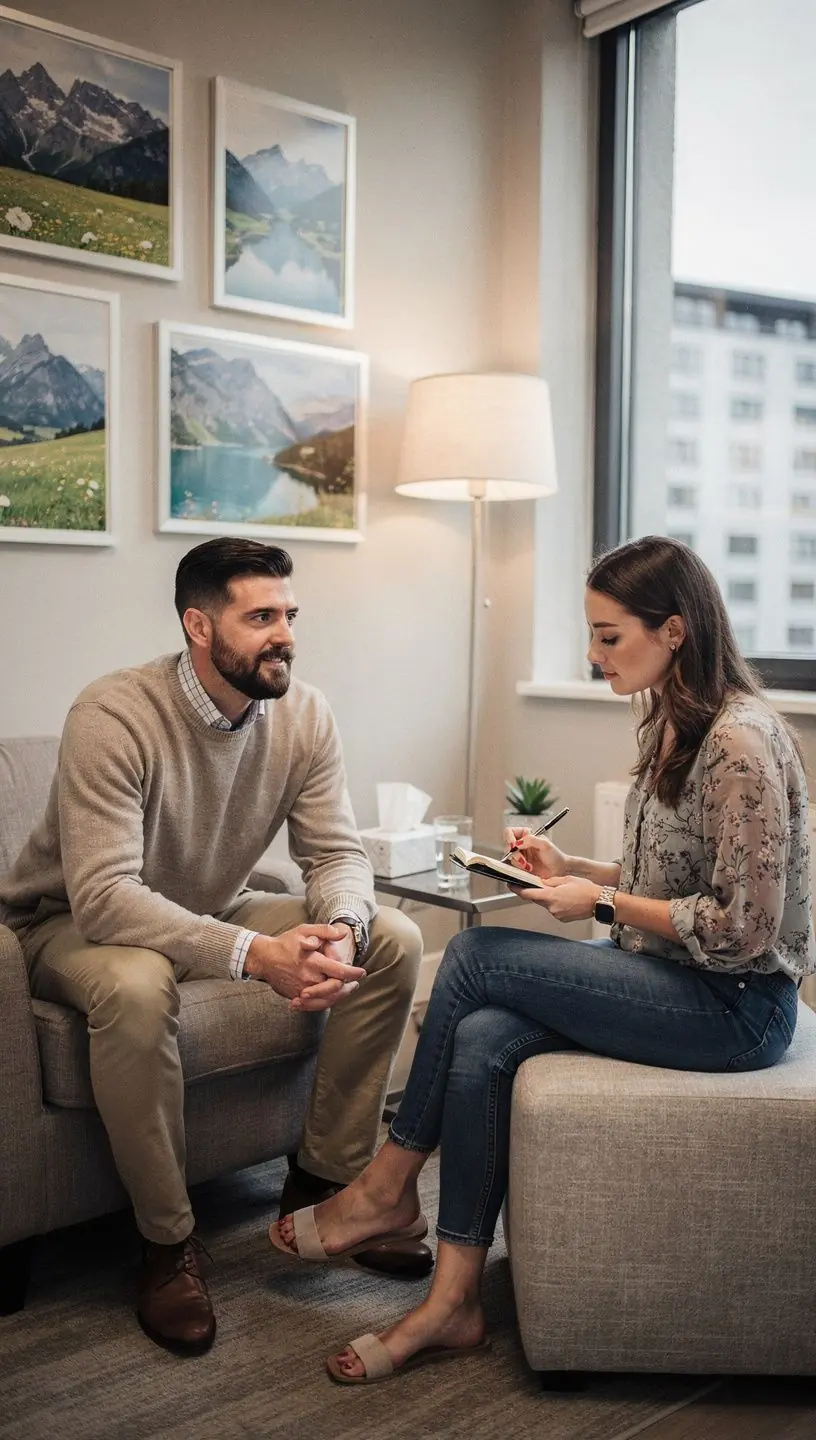 Eine Gruppe von Menschen, die an einem Online-Seminar zur psychologischen Bildung teilnehmen und über mentale Gesundheit diskutieren.